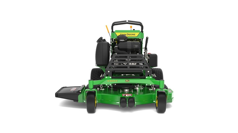 A front-facing studio shot of a green and yellow standing mower on a white background. (8th thumbnail)
