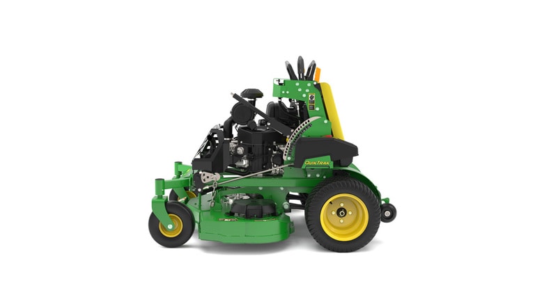 A left-facing studio shot of a green and yellow standing mower on a white background. (2nd thumbnail)