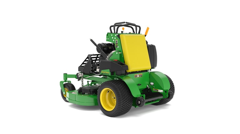 A rear-left-facing studio shot of a green and yellow standing mower on a white background. (3rd thumbnail)
