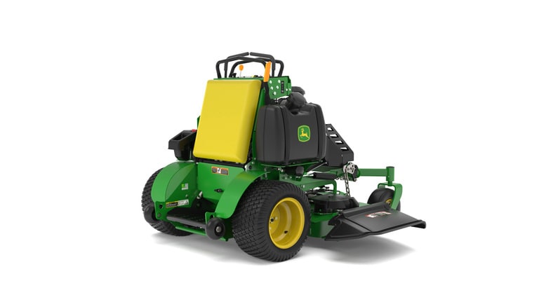 A rear-right-facing studio shot of a green and yellow standing mower on a white background. (5th thumbnail)
