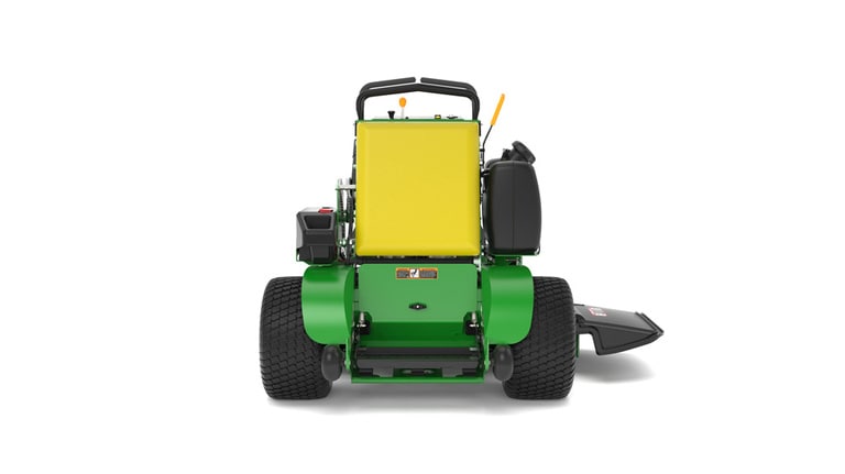 A rear-facing studio shot of a green and yellow standing mower on a white background. (4th thumbnail)