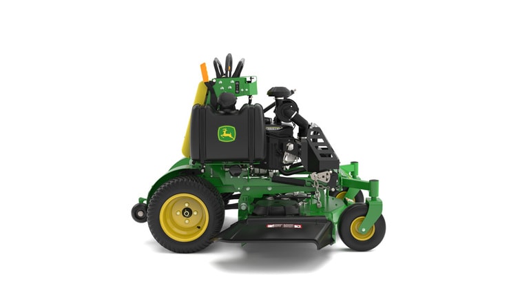 A right-facing studio shot of a green and yellow standing mower on a white background. (6th thumbnail)