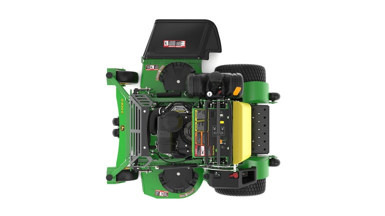 A top-facing studio shot of a green and yellow standing mower on a white background. (9th thumbnail)