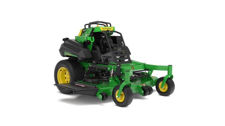 A front-right-facing studio shot of a green and yellow standing mower on a white background. (7th thumbnail)