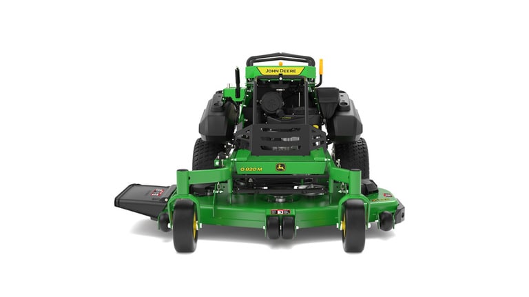 A front-facing studio shot of a green and yellow standing mower on a white background. (8th thumbnail)