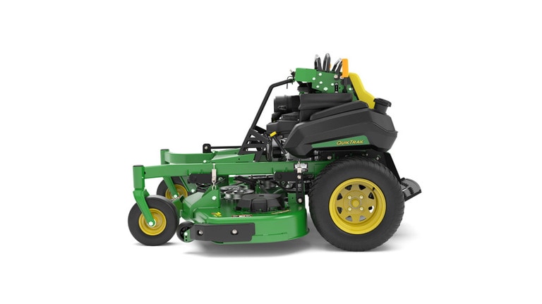 A left-facing studio shot of a green and yellow standing mower on a white background. (2nd thumbnail)
