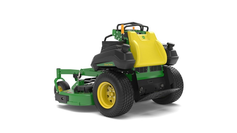 A rear-left-facing studio shot of a green and yellow standing mower on a white background. (3rd thumbnail)