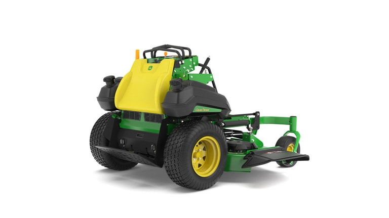 A rear-right-facing studio shot of a green and yellow standing mower on a white background. (5th thumbnail)