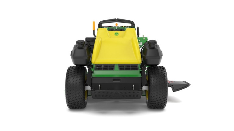 A rear-facing studio shot of a green and yellow standing mower on a white background. (4th thumbnail)