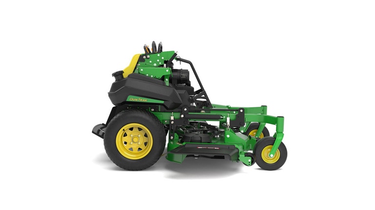 A right-facing studio shot of a green and yellow standing mower on a white background. (6th thumbnail)