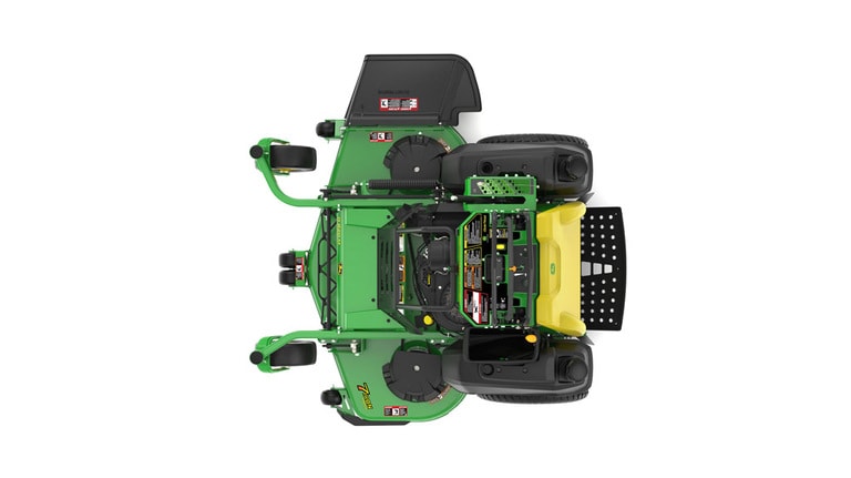 A top-facing studio shot of a green and yellow standing mower on a white background. (9th thumbnail)