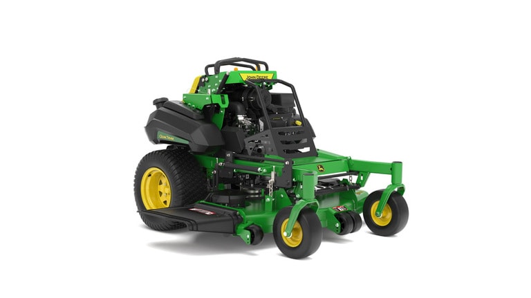 A front-right-facing studio shot of a green and yellow standing mower on a white background. (7th thumbnail)