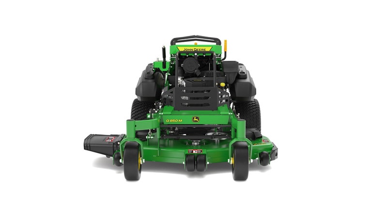 A front-facing studio shot of a green and yellow standing mower on a white background. (8th thumbnail)