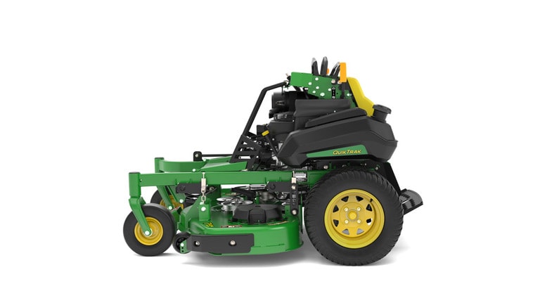 A left-facing studio shot of a green and yellow standing mower on a white background. (2nd thumbnail)
