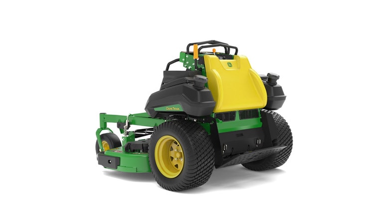 A rear-left-facing studio shot of a green and yellow standing mower on a white background. (3rd thumbnail)