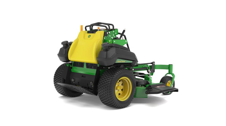 A rear-right-facing studio shot of a green and yellow standing mower on a white background. (5th thumbnail)