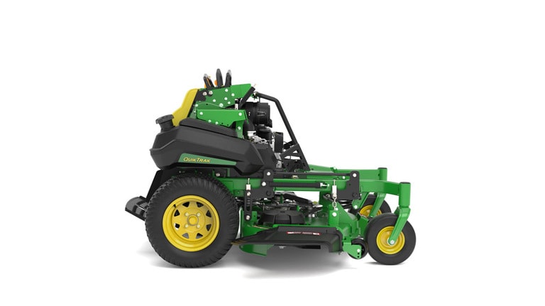 A right-facing studio shot of a green and yellow standing mower on a white background. (6th thumbnail)