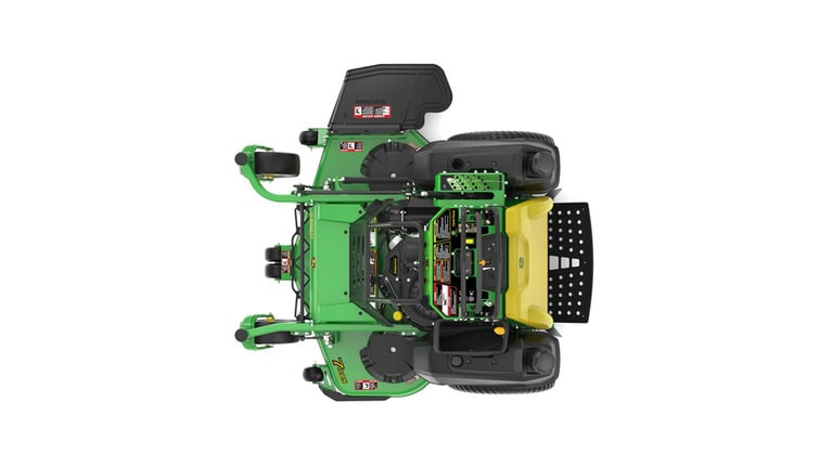 A top-facing studio shot of a green and yellow standing mower on a white background. (9th thumbnail)