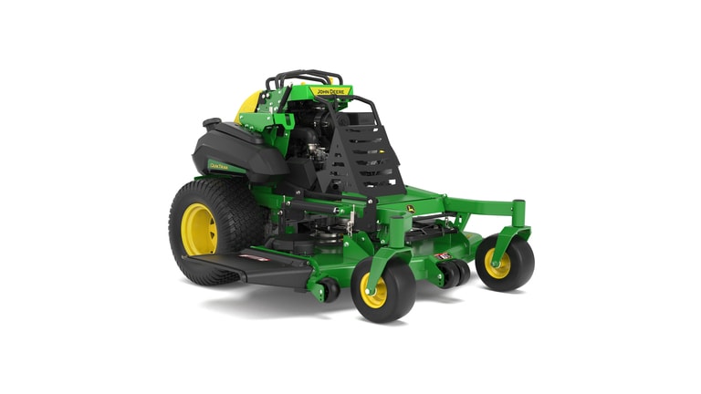 A front-right-facing studio shot of a green and yellow standing mower on a white background. (7th thumbnail)