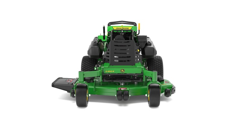 A front-facing studio shot of a green and yellow standing mower on a white background. (8th thumbnail)