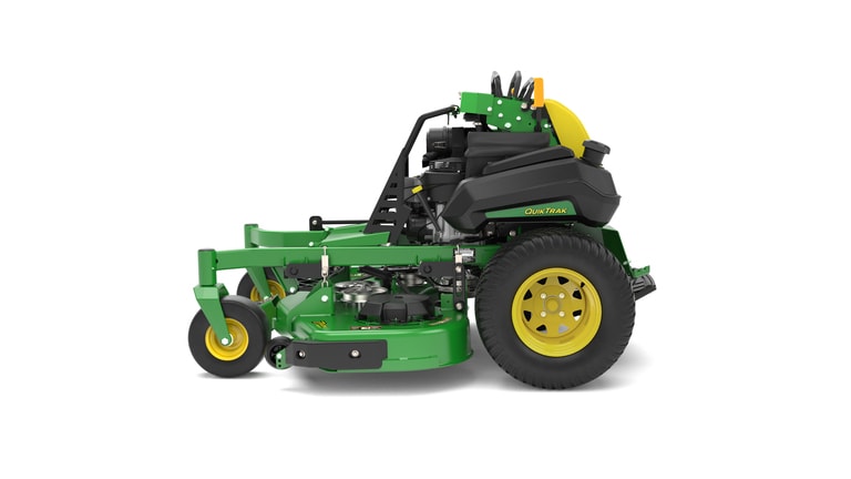 A left-facing studio shot of a green and yellow standing mower on a white background. (2nd thumbnail)