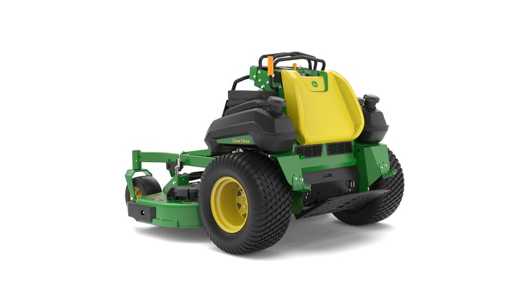A rear-left-facing studio shot of a green and yellow standing mower on a white background. (3rd thumbnail)