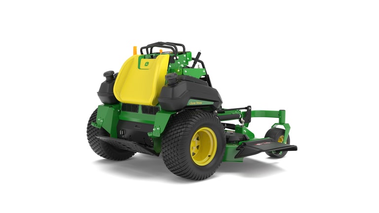 A rear-right-facing studio shot of a green and yellow standing mower on a white background. (5th thumbnail)