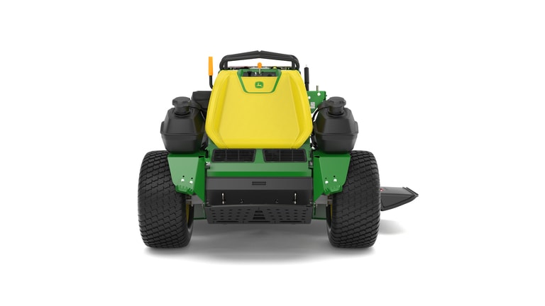 A rear-facing studio shot of a green and yellow standing mower on a white background. (4th thumbnail)