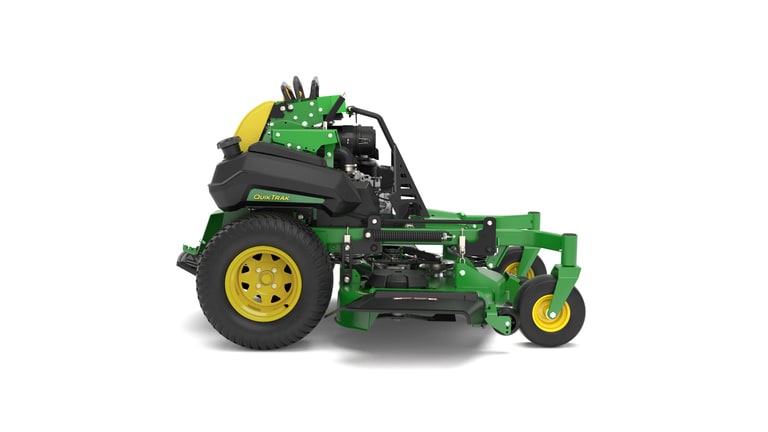 A right-facing studio shot of a green and yellow standing mower on a white background. (6th thumbnail)