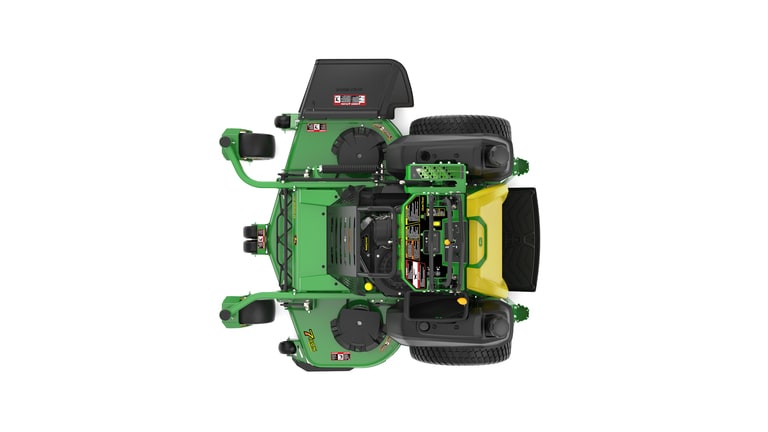 A top-facing studio shot of a green and yellow standing mower on a white background. (9th thumbnail)
