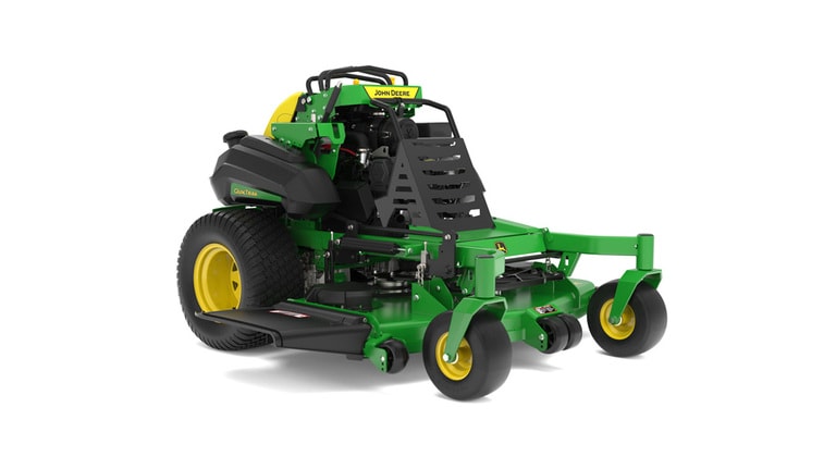 A front-right-facing studio shot of a green and yellow standing mower on a white background. (7th thumbnail)