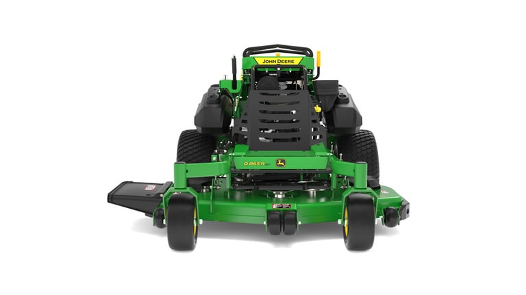 A front-facing studio shot of a green and yellow standing mower on a white background. (8th thumbnail)