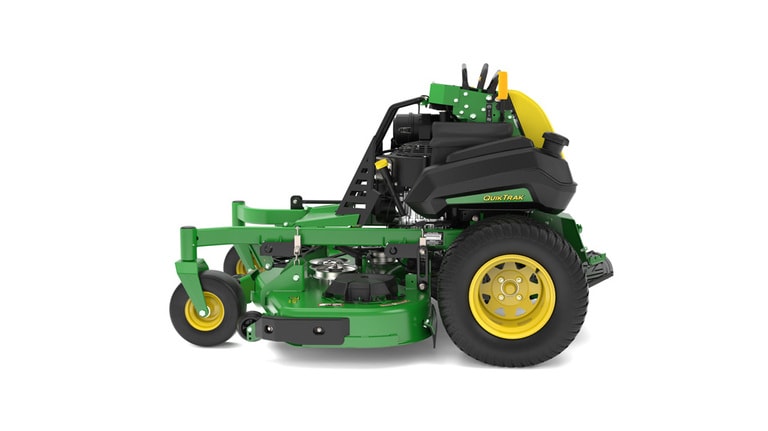 A left-facing studio shot of a green and yellow standing mower on a white background. (2nd thumbnail)