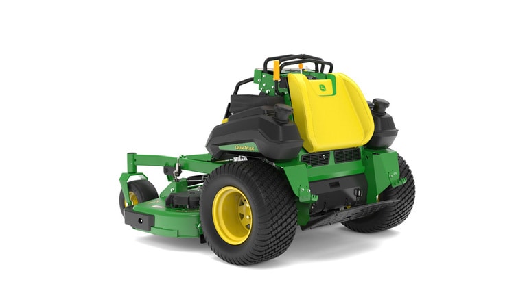 A rear-left-facing studio shot of a green and yellow standing mower on a white background. (3rd thumbnail)