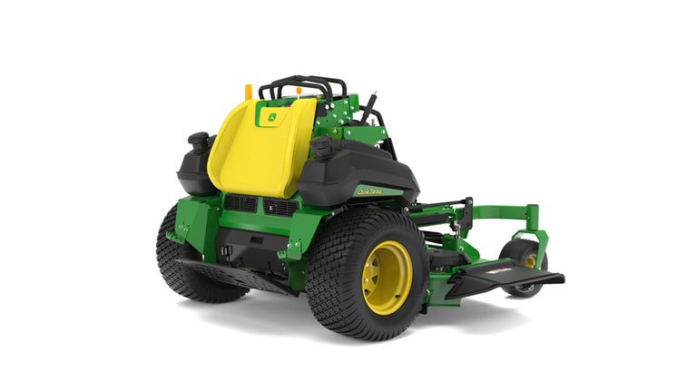 A rear-right-facing studio shot of a green and yellow standing mower on a white background. (5th thumbnail)