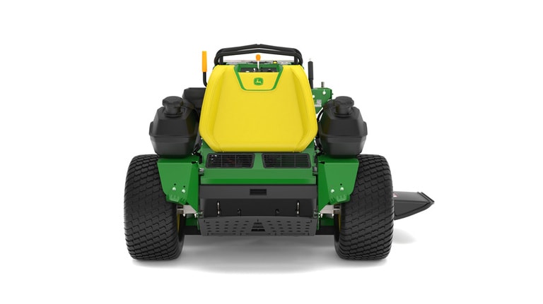A rear-facing studio shot of a green and yellow standing mower on a white background. (4th thumbnail)