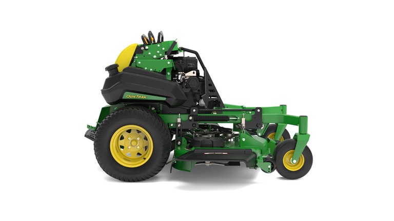 A right-facing studio shot of a green and yellow standing mower on a white background. (6th thumbnail)