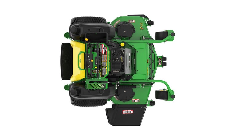 A top-facing studio shot of a green and yellow standing mower on a white background. (9th thumbnail)