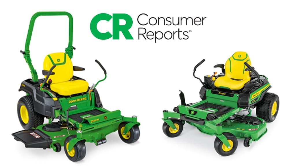 two zero turn mowers on a white background with the text "CR Consumer Reports"