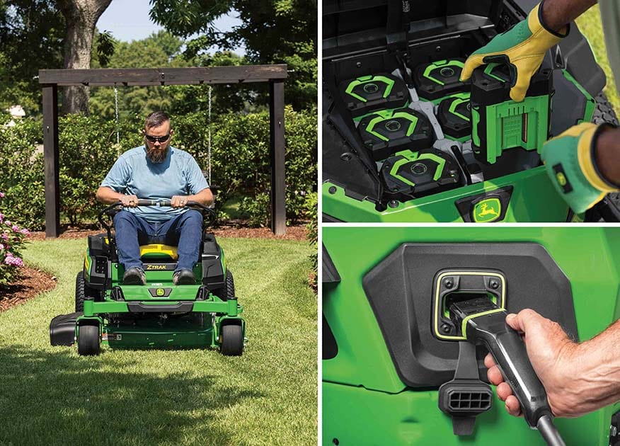 A collage of an electric zero-turn mower in a garden, batteries being swapped, and a close-up of the charging port.
