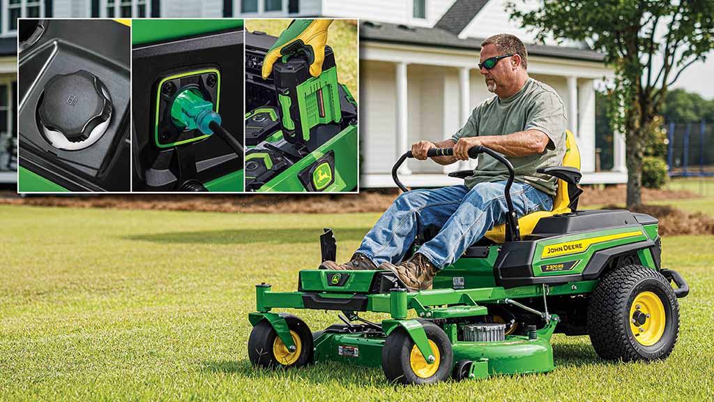 A person with sunglasses driving a green zero-turn mower, a collage of electric mower features overlays the background image. A person with sunglasses driving a green zero-turn mower, a collage of electric mower features overlays the background image.