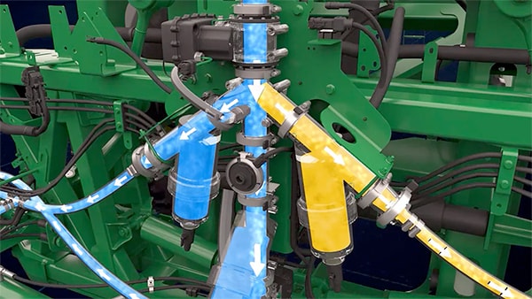 Close-up product rendering showing directional flow through the Pressure Recirculation & Product Reclaim system.