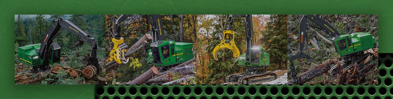 John Deere shovel logger collage image of machines working in the woods.