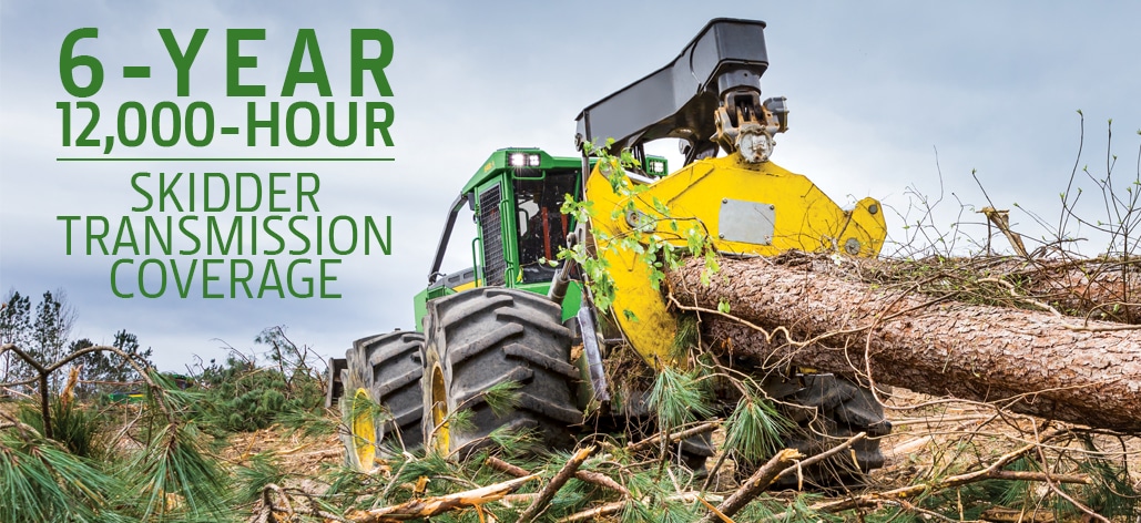 a skidder hauling multiple tree logs through a foresting site, overlayed green text says "6-year 12,000 hour skidder transmission coverage"