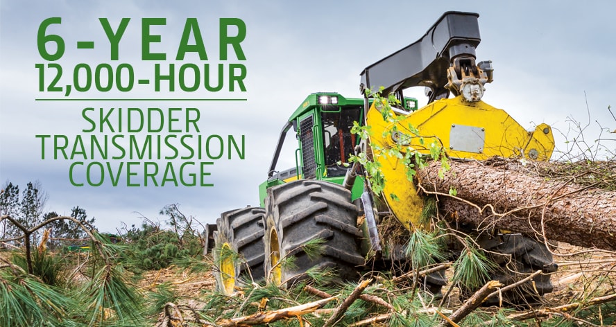 a skidder hauling multiple tree logs through a foresting site, overlayed green text says "6-year 12,000 hour skidder transmission coverage"