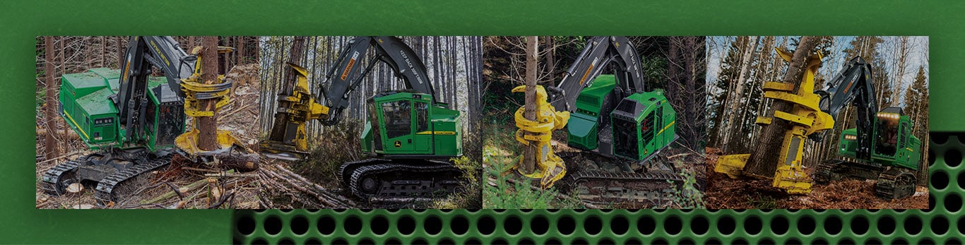 John Deere tracked Feller Buncher collage image of machines working in the woods.