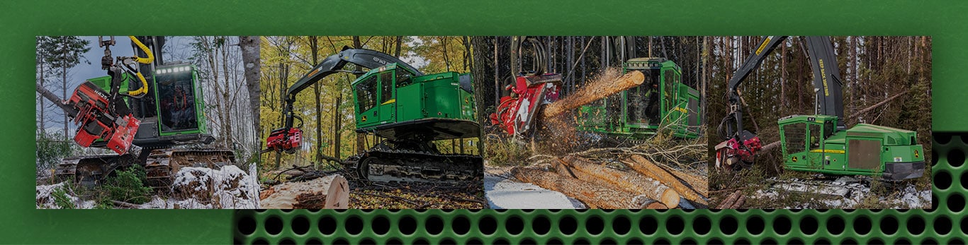 John Deere tracked harvester collage image of machines working in the woods.