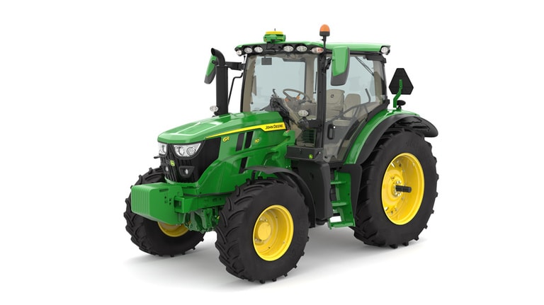 Studio image of the front left side view of a green 6R 110 Utility Tractor. (7th thumbnail)