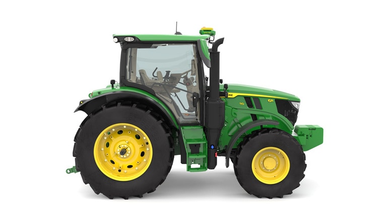 Studio image of the right side view of a green 6R 110 Utility Tractor. (2nd thumbnail)