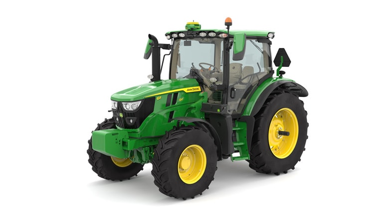 Studio image of the front left side view of a green 6R 120 Utility Tractor. (7th thumbnail)